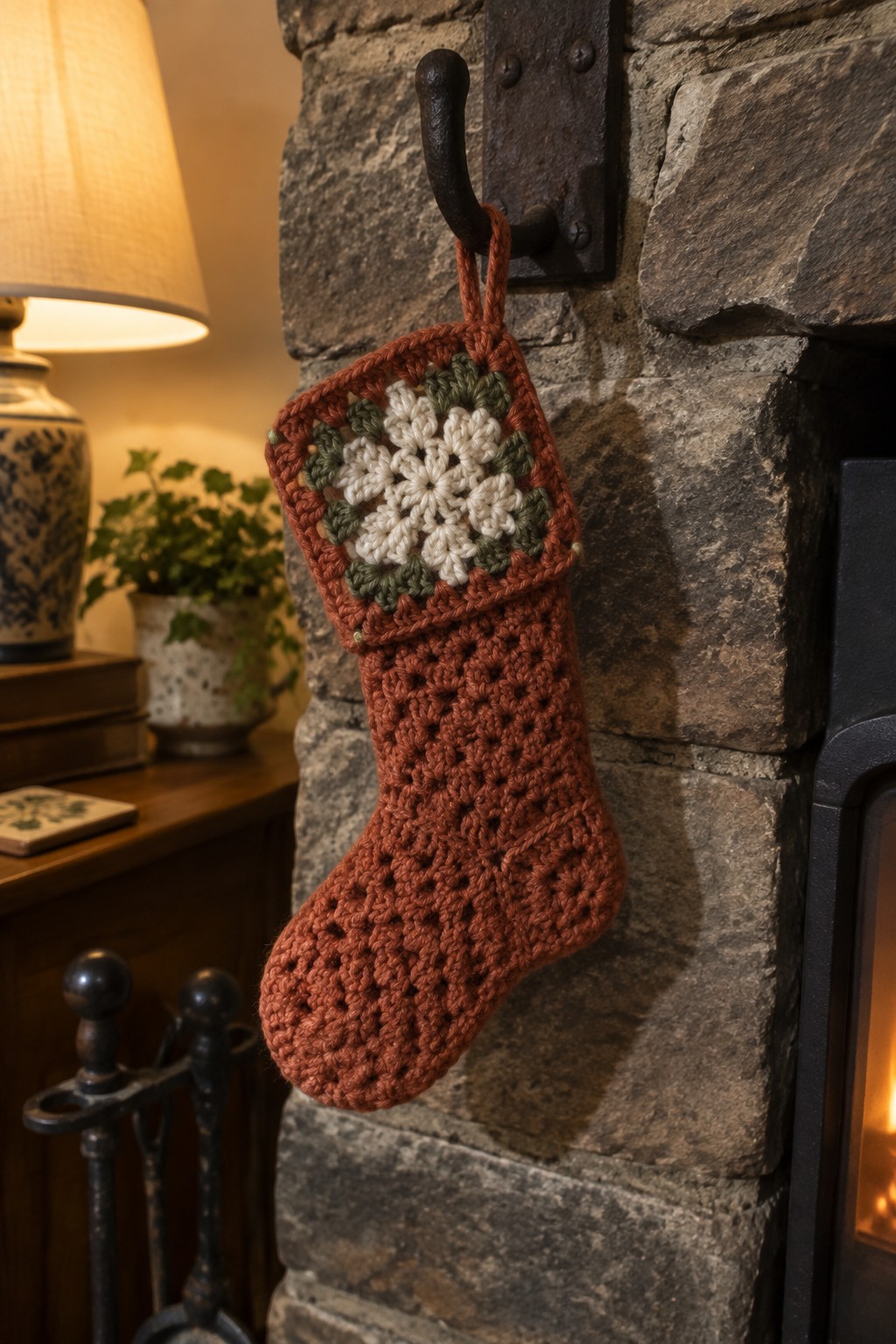 Rust crocheted Christmas stocking with granny square cuff on stone fireplace hook