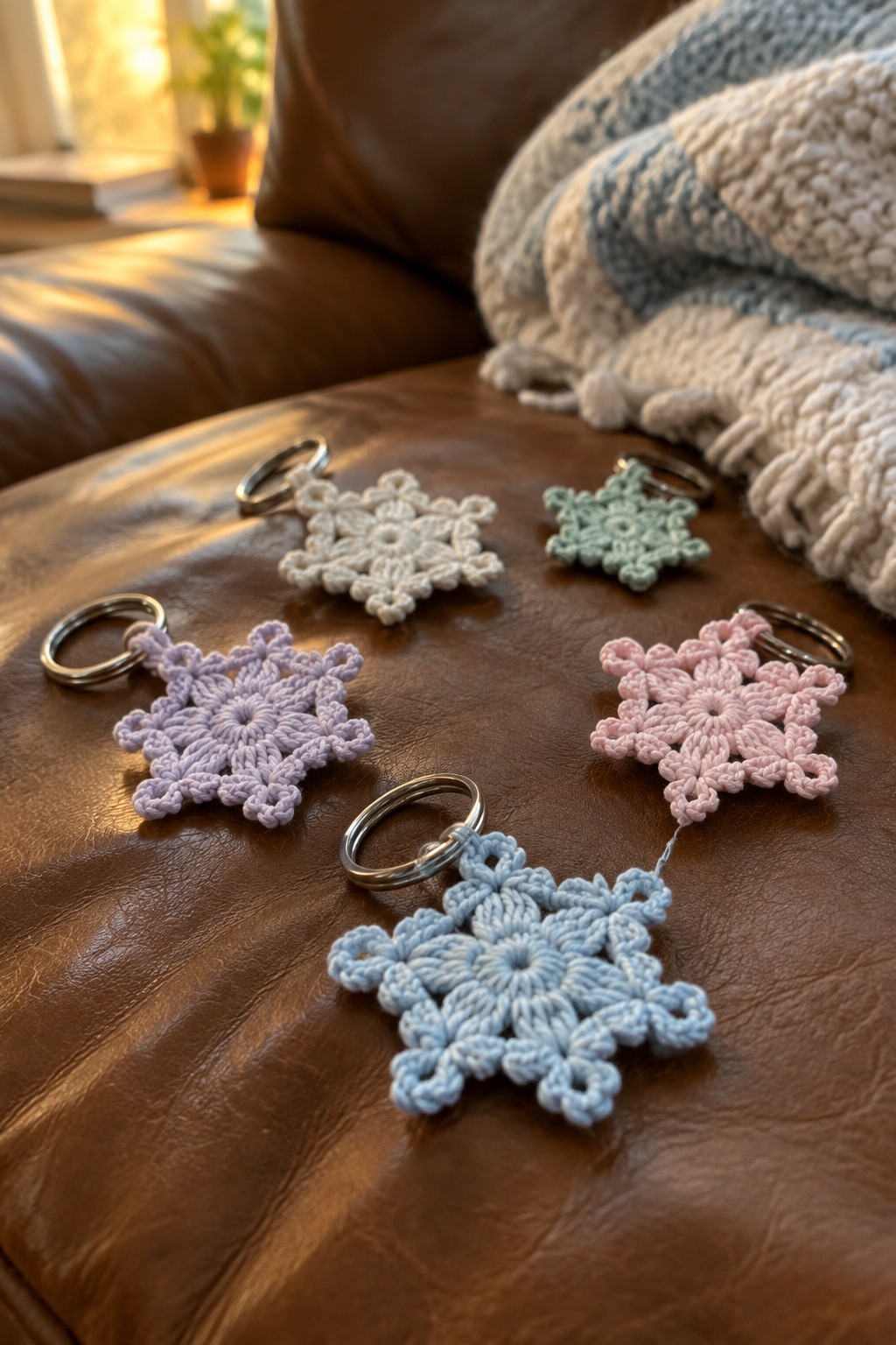 Colorful crocheted snowflake keychains on brown leather with knitted blanket.