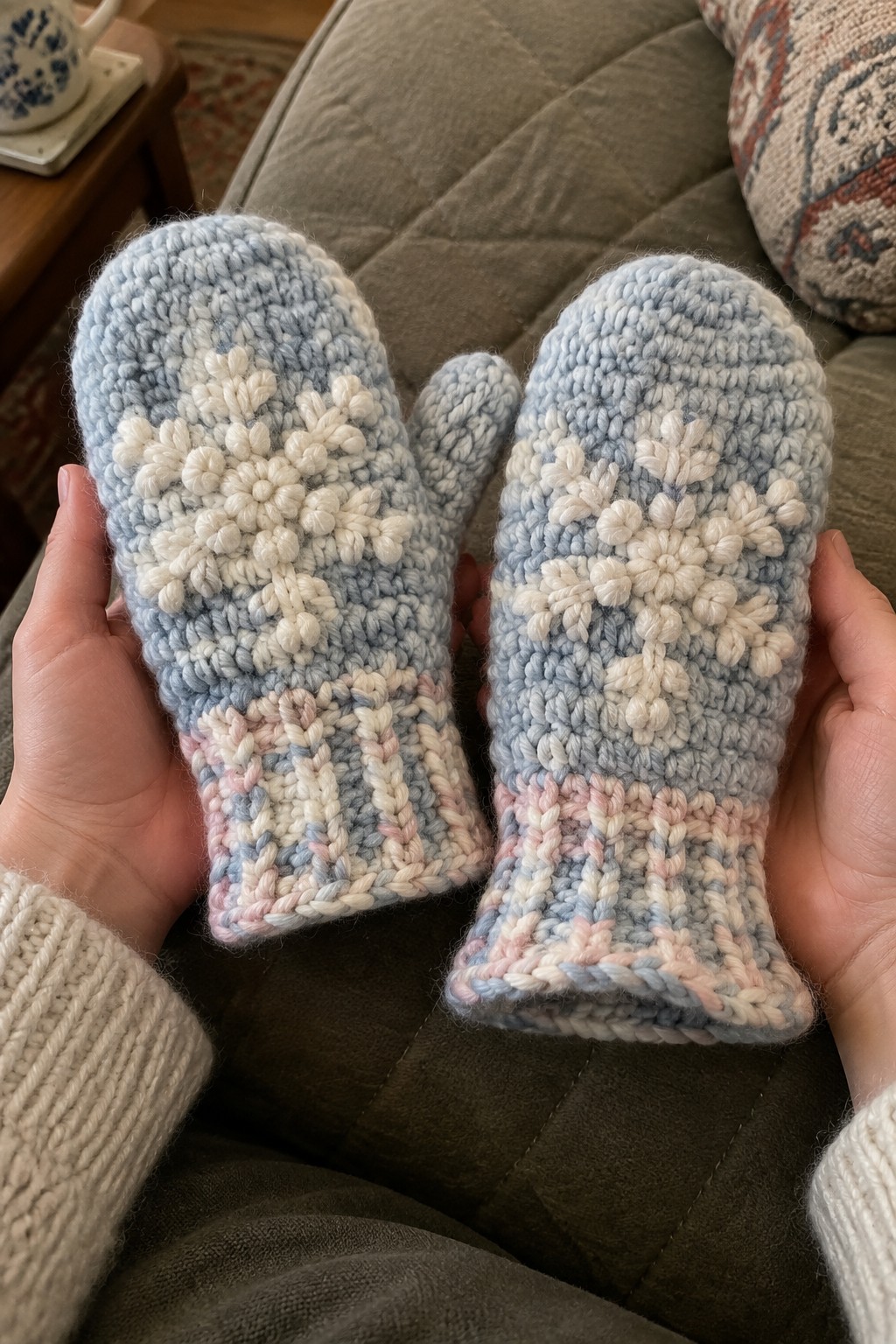 Hands holding blue knitted mittens with white snowflakes and pastel striped cuffs