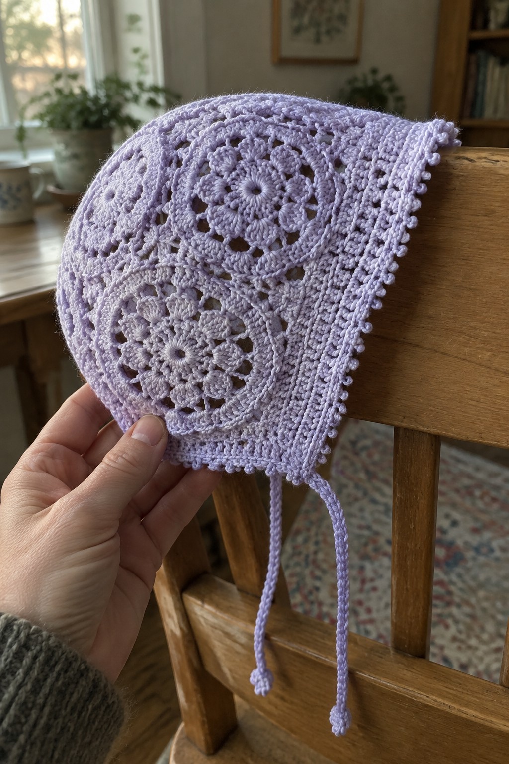 Hand holding light purple crocheted lace bonnet with ties on wooden chair