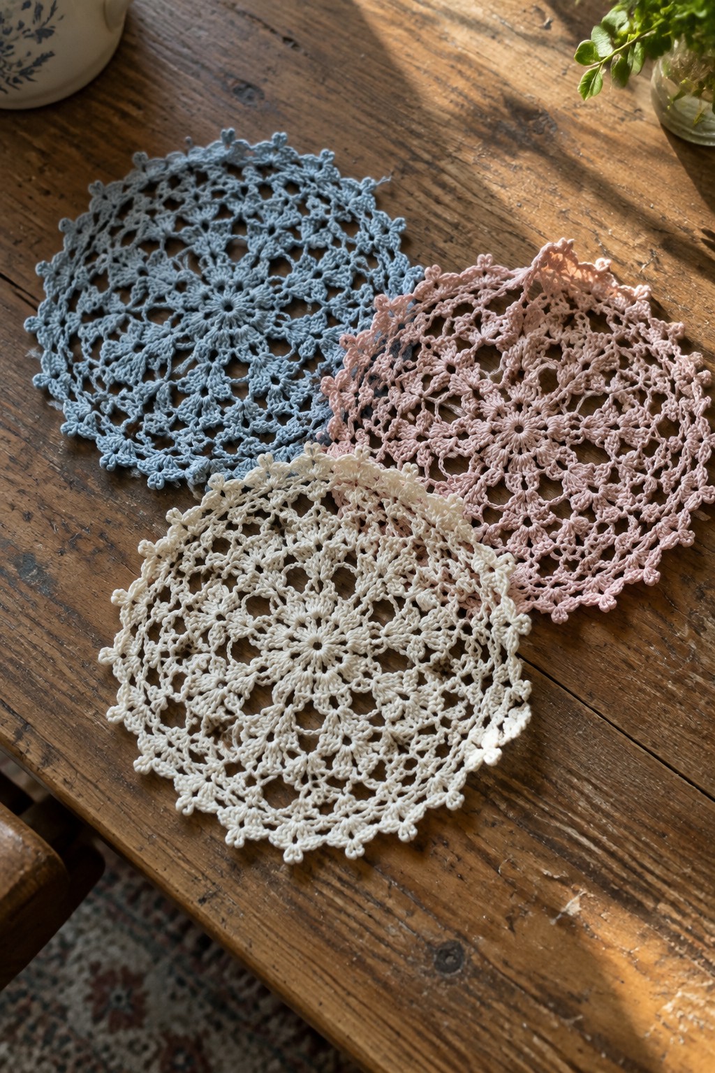 Three delicate crocheted doilies in blue, pink, and cream on rustic wood table