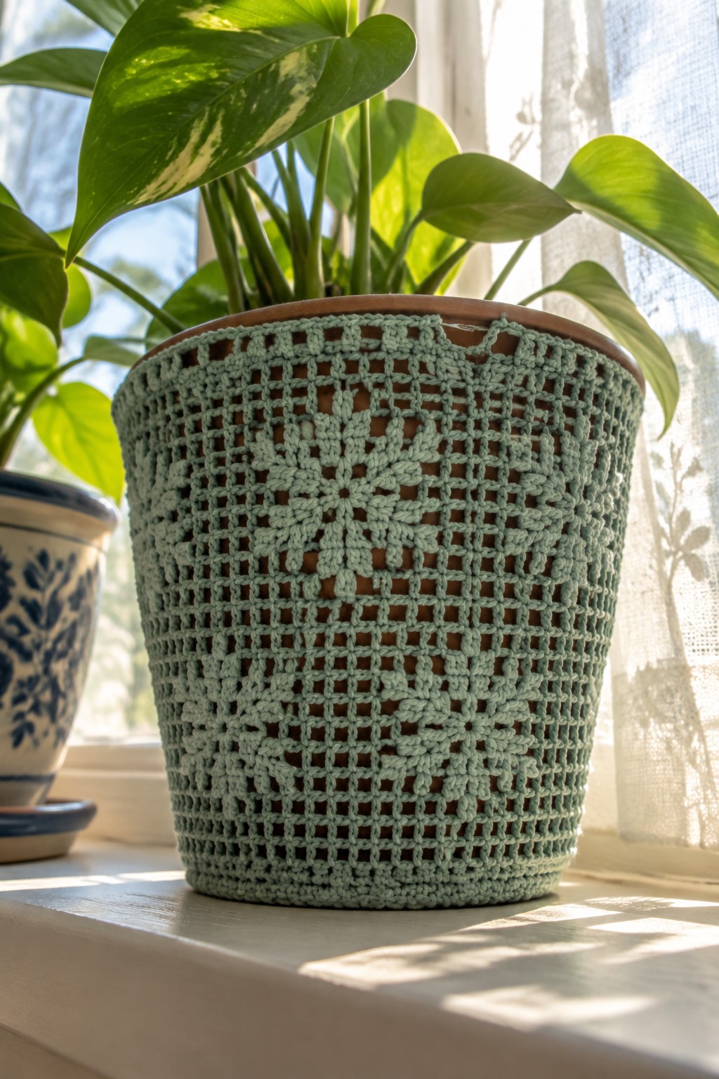 Plant in terracotta pot wrapped in sage green crocheted lace cover on windowsill