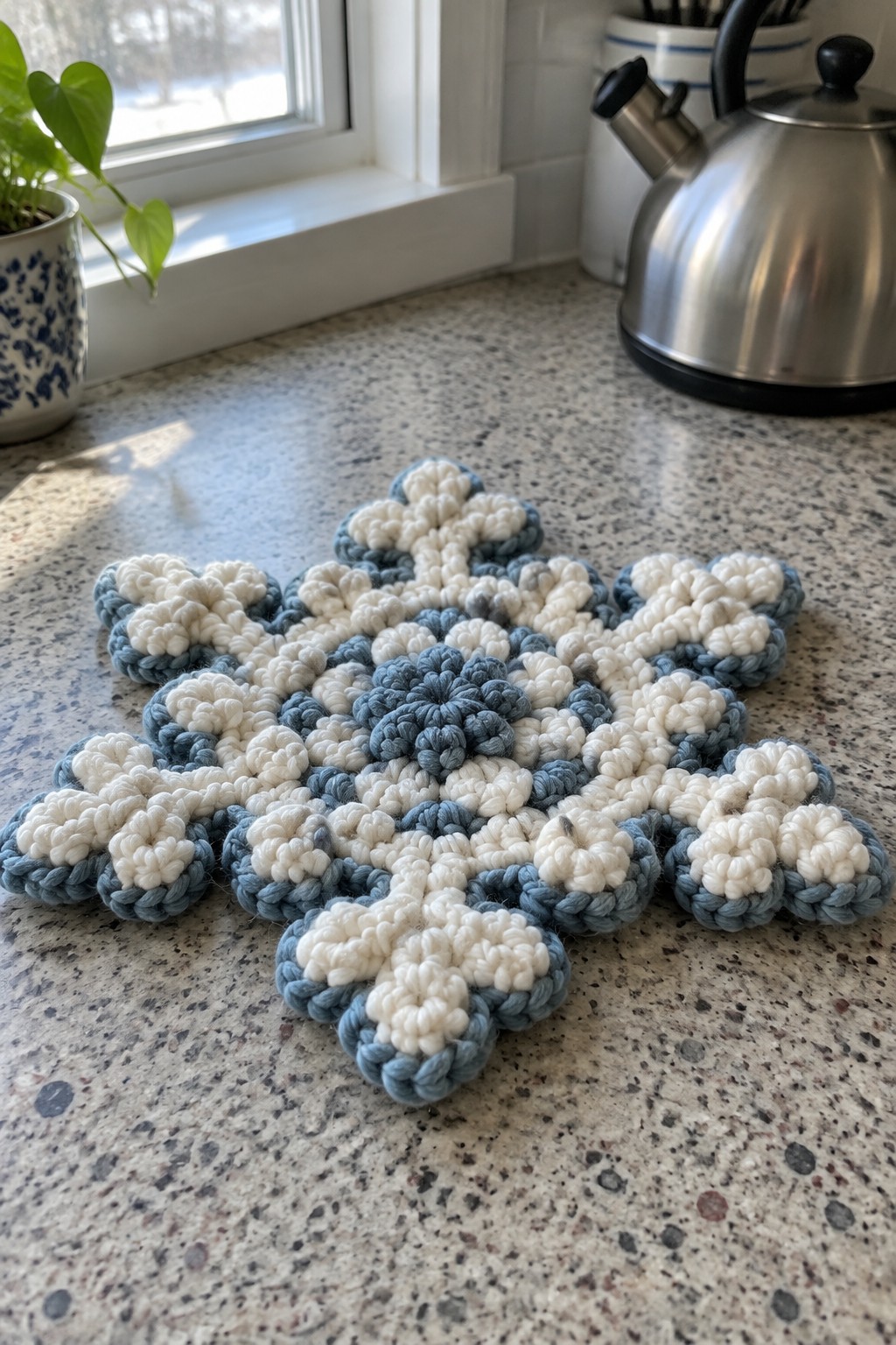 White and blue crocheted snowflake on speckled kitchen countertop