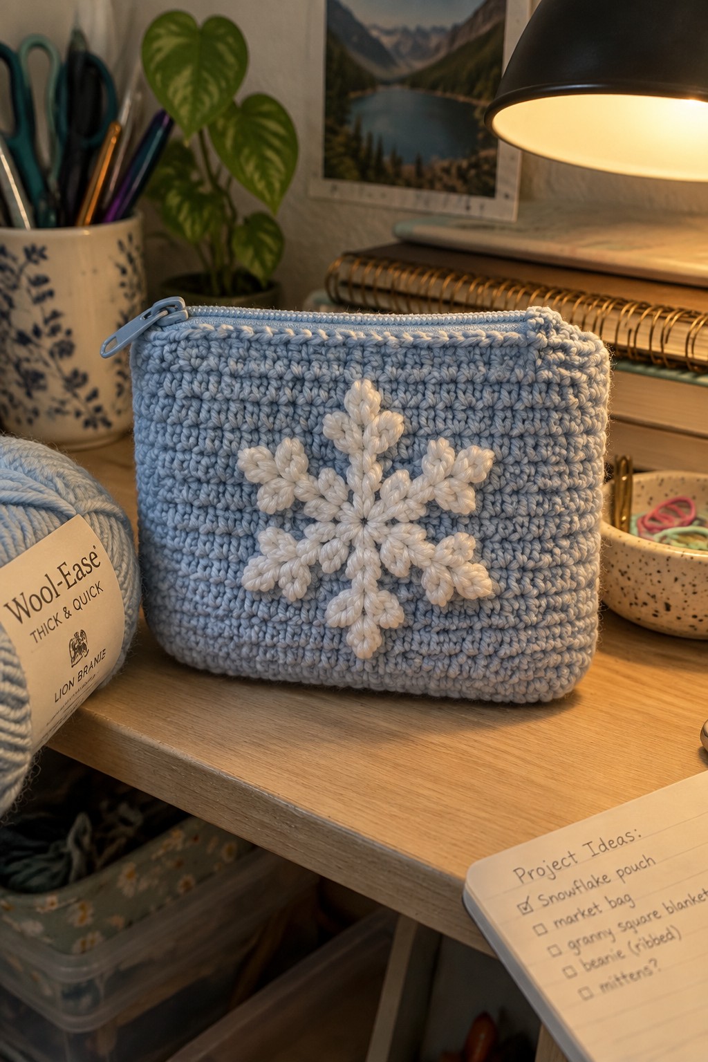 A light blue crocheted pouch with a white snowflake motif and light blue zipper rests on a wooden desk.