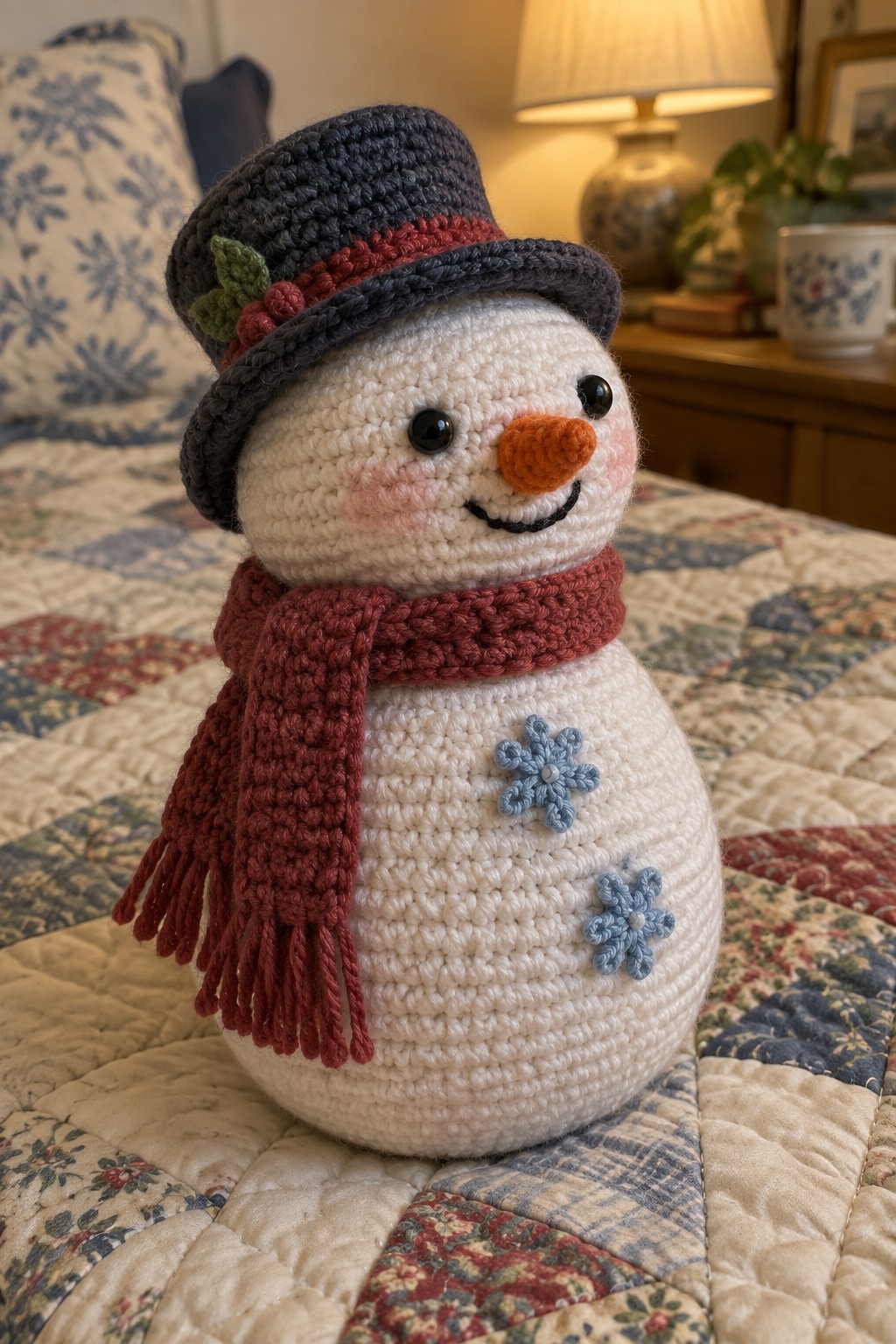 Crocheted snowman in gray top hat, red scarf, blue snowflakes on patchwork quilt