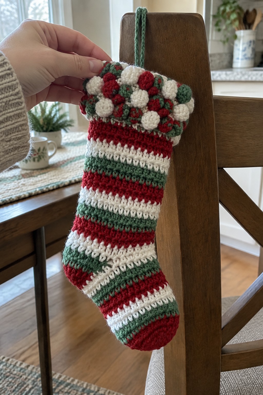 Hand holding red white green crocheted Christmas stocking with pom-poms on wooden chair.