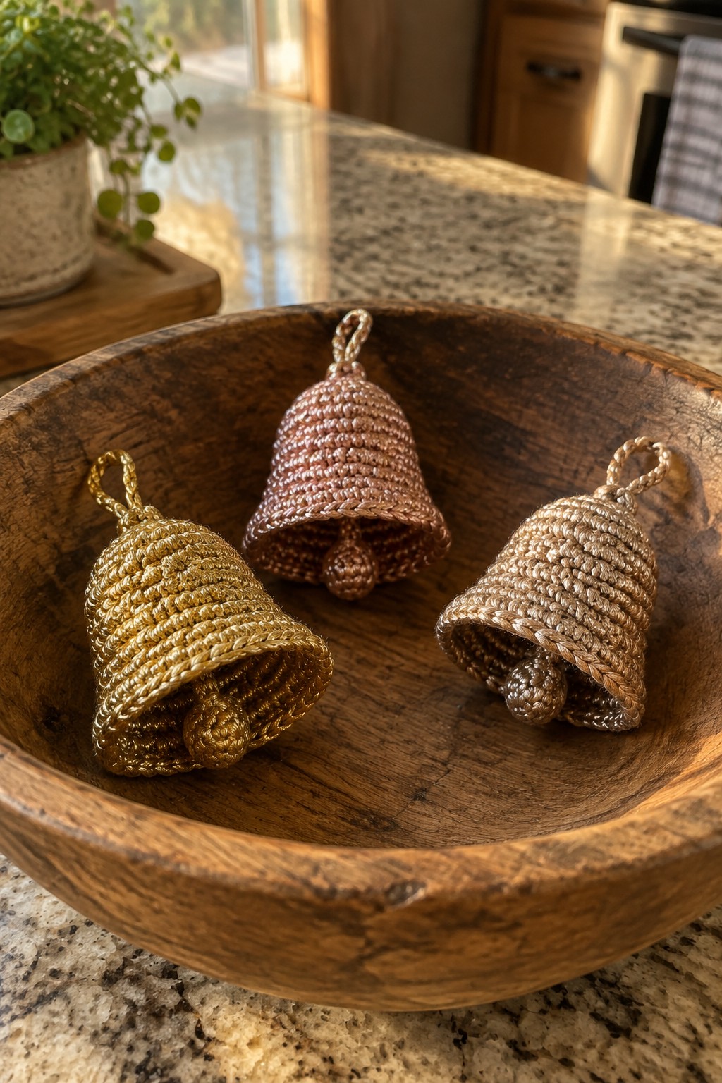 Three metallic crocheted bells sit inside a wooden bowl on a kitchen counter.