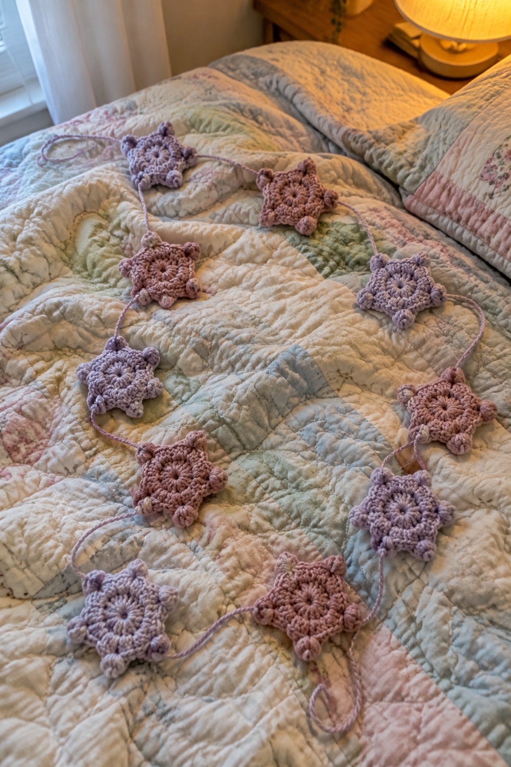 Crocheted purple and pink snowflakes strung across a pastel quilted bedspread