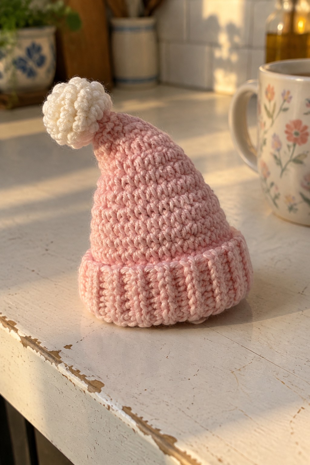 Pink crocheted Santa hat with white pom-pom on white wooden table