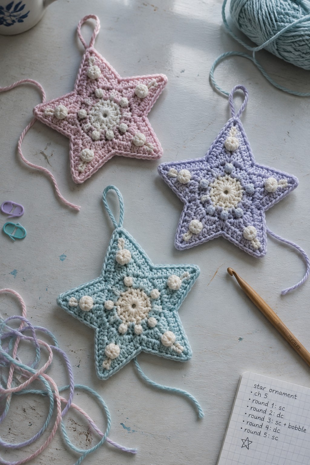 Three pastel crocheted star ornaments with yarn, hook, and notes on white table.