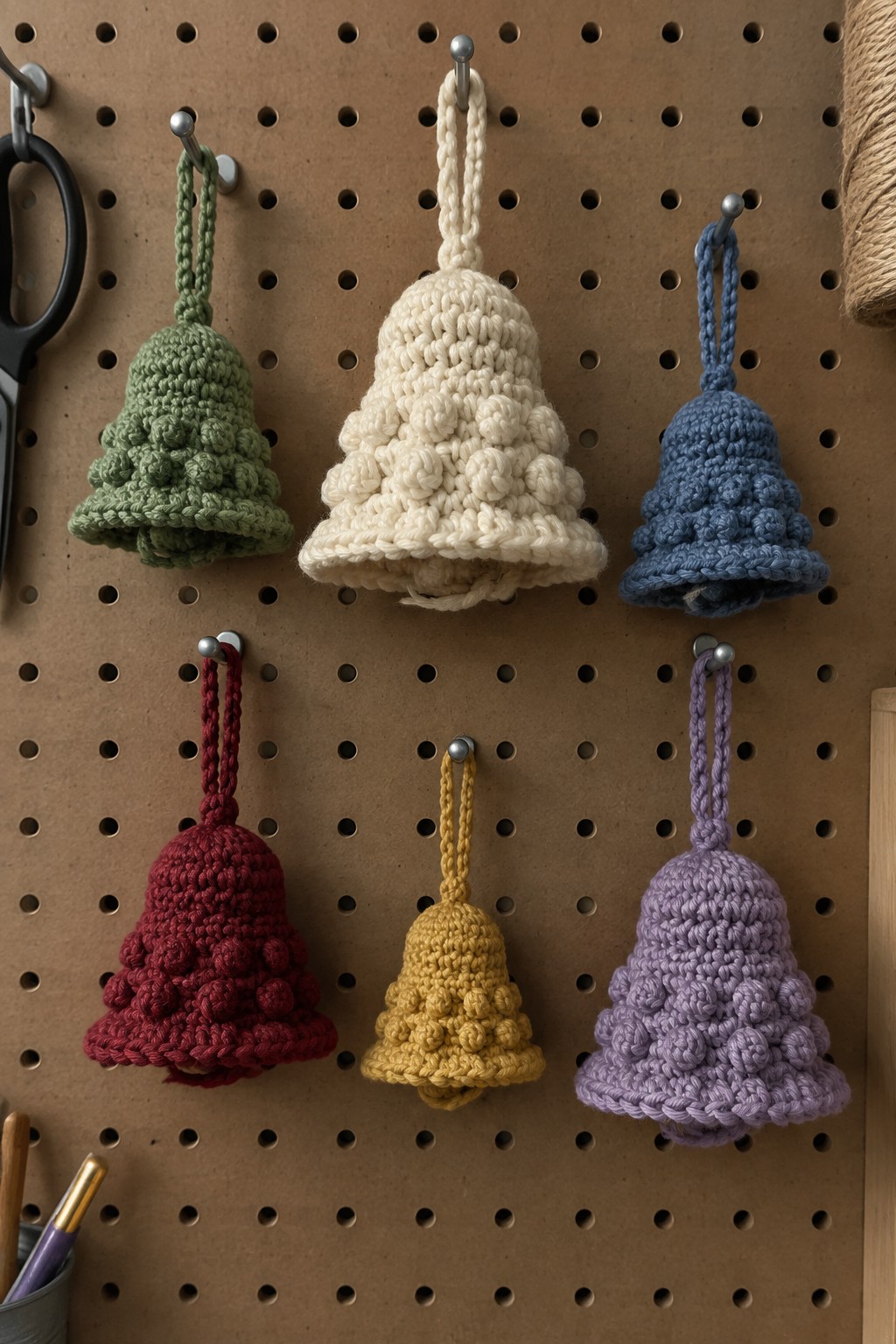Six colorful crocheted bells hanging on hooks from a brown pegboard