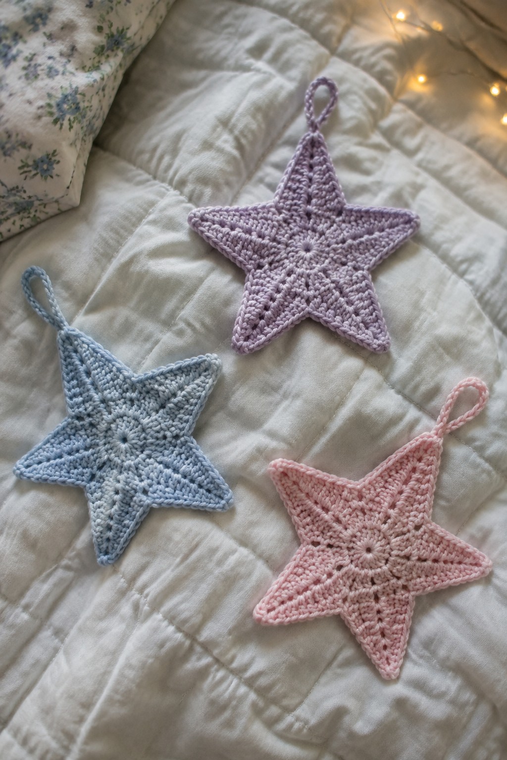 Three crocheted stars in blue, purple, and pink on a white quilt.