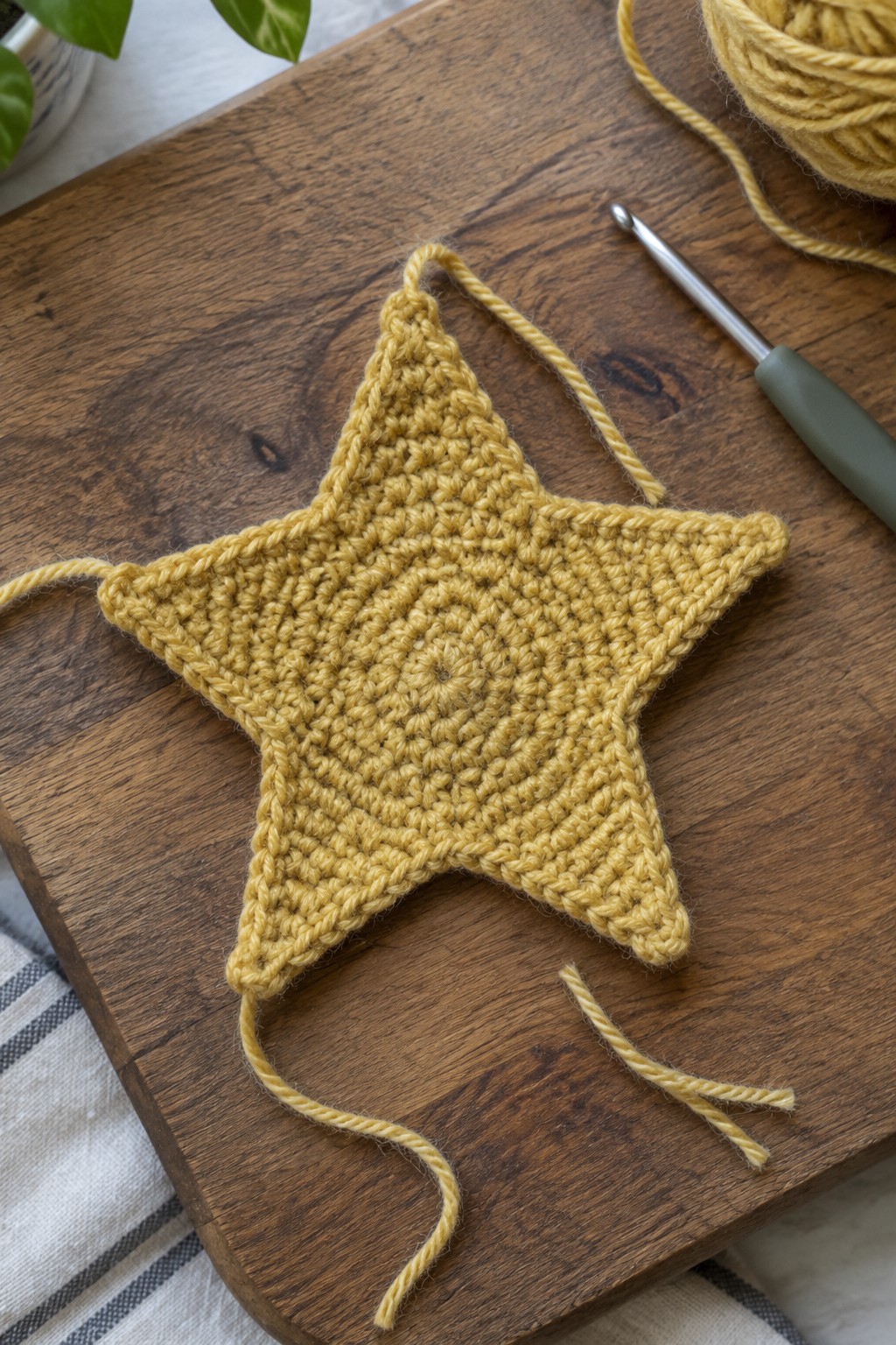 Crocheted mustard-yellow star with loose ends beside hook and yarn on wood