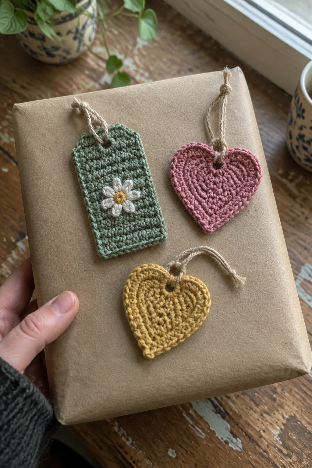 Hand holding kraft package with crocheted green daisy tag and pink yellow hearts