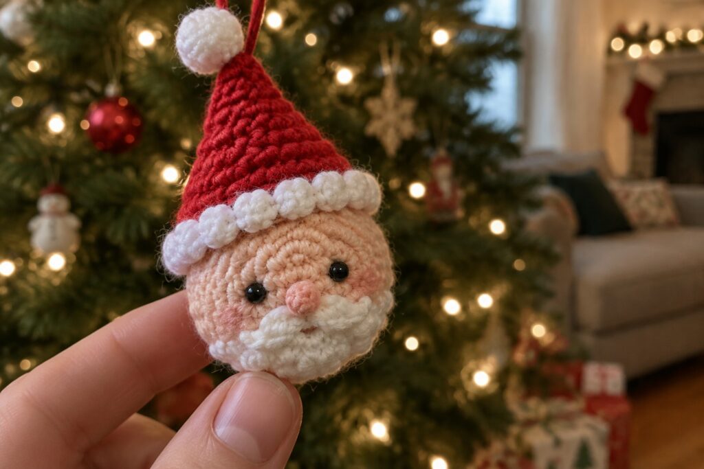 Hand holding crocheted Santa head with red hat and white trim near Christmas tree.