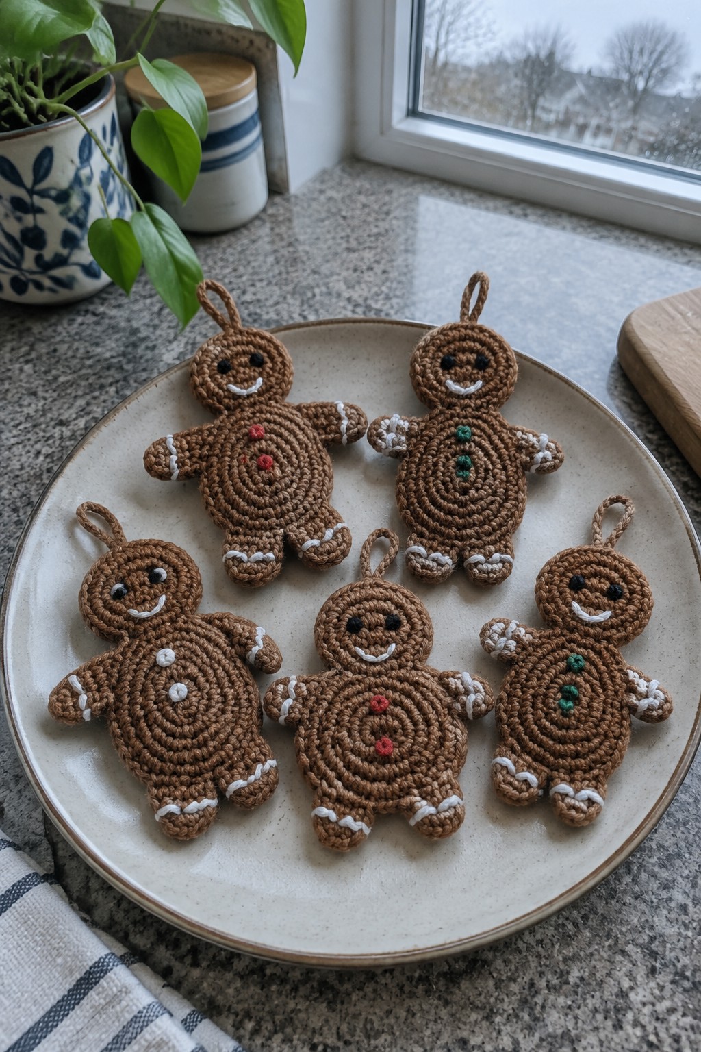 Five crocheted gingerbread men with buttons on a ceramic plate.