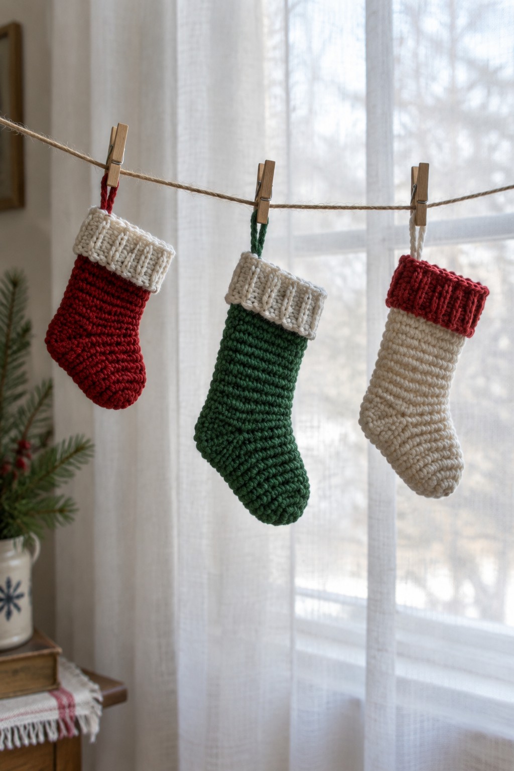 Three knitted Christmas stockings in red, green, and white clipped to twine with clothespins.