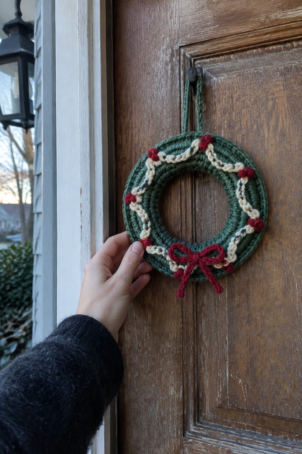 Hand in black sweater touching green crocheted wreath with red bow on door