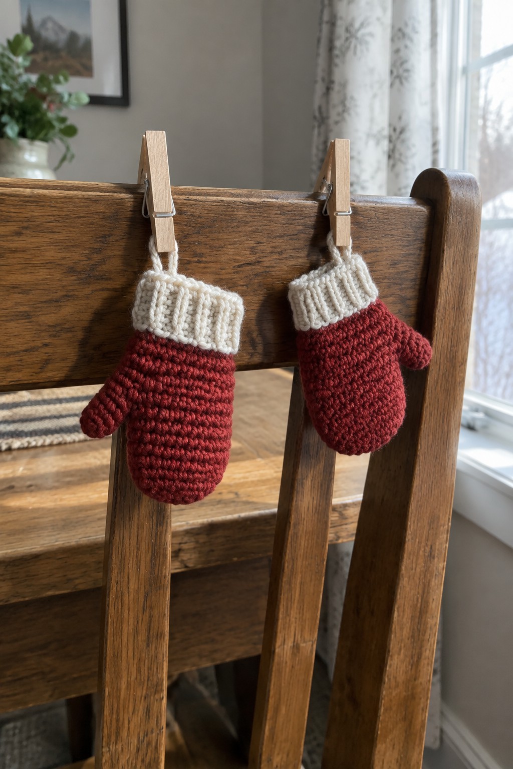 Two red knitted mittens with white cuffs hanging from clothespins on a wooden chair.