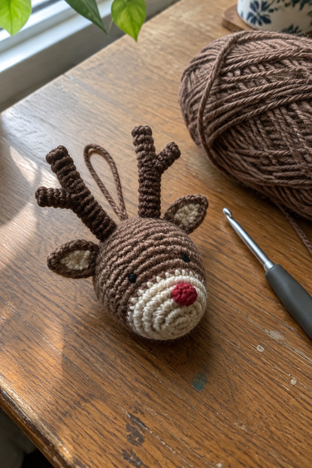 Crocheted brown reindeer head with antlers beside yarn ball and hook on wooden table.