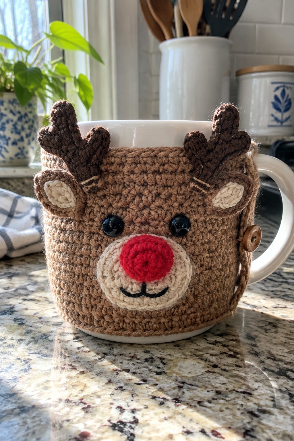 Brown crocheted reindeer cozy with antlers and red nose on white mug.