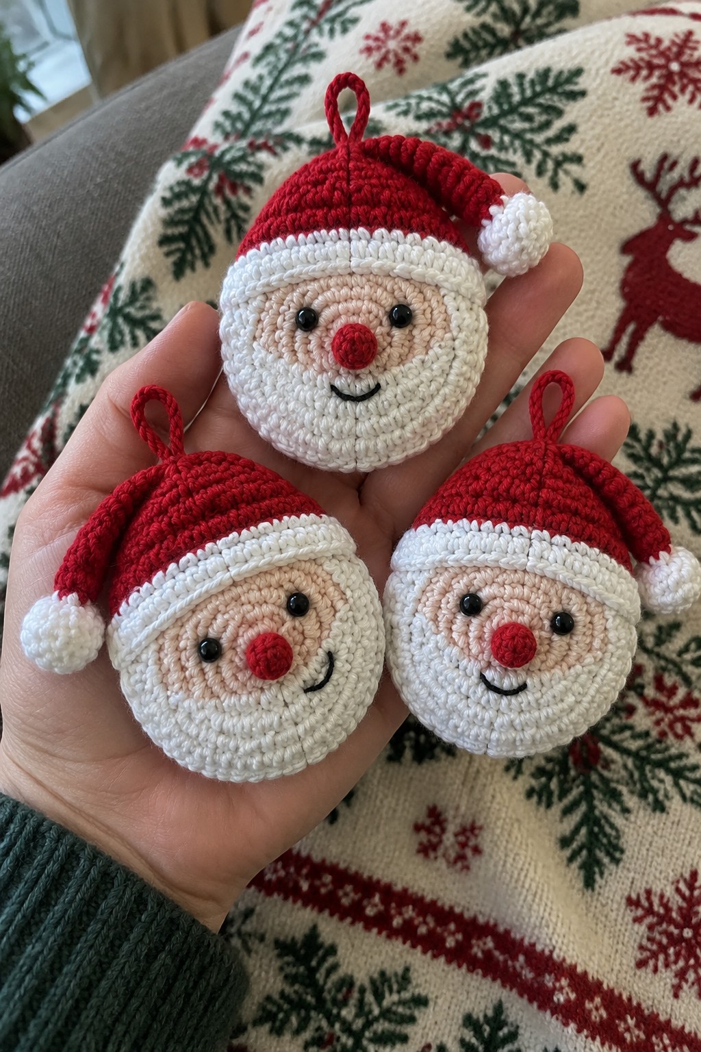 Hand holding three crocheted Santa ornaments with red hats and white beards