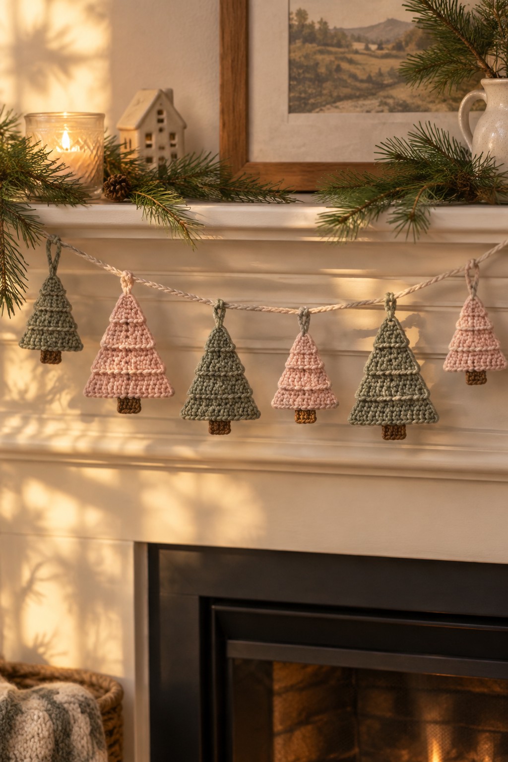 Crocheted pink and green Christmas trees strung across a white fireplace mantel.