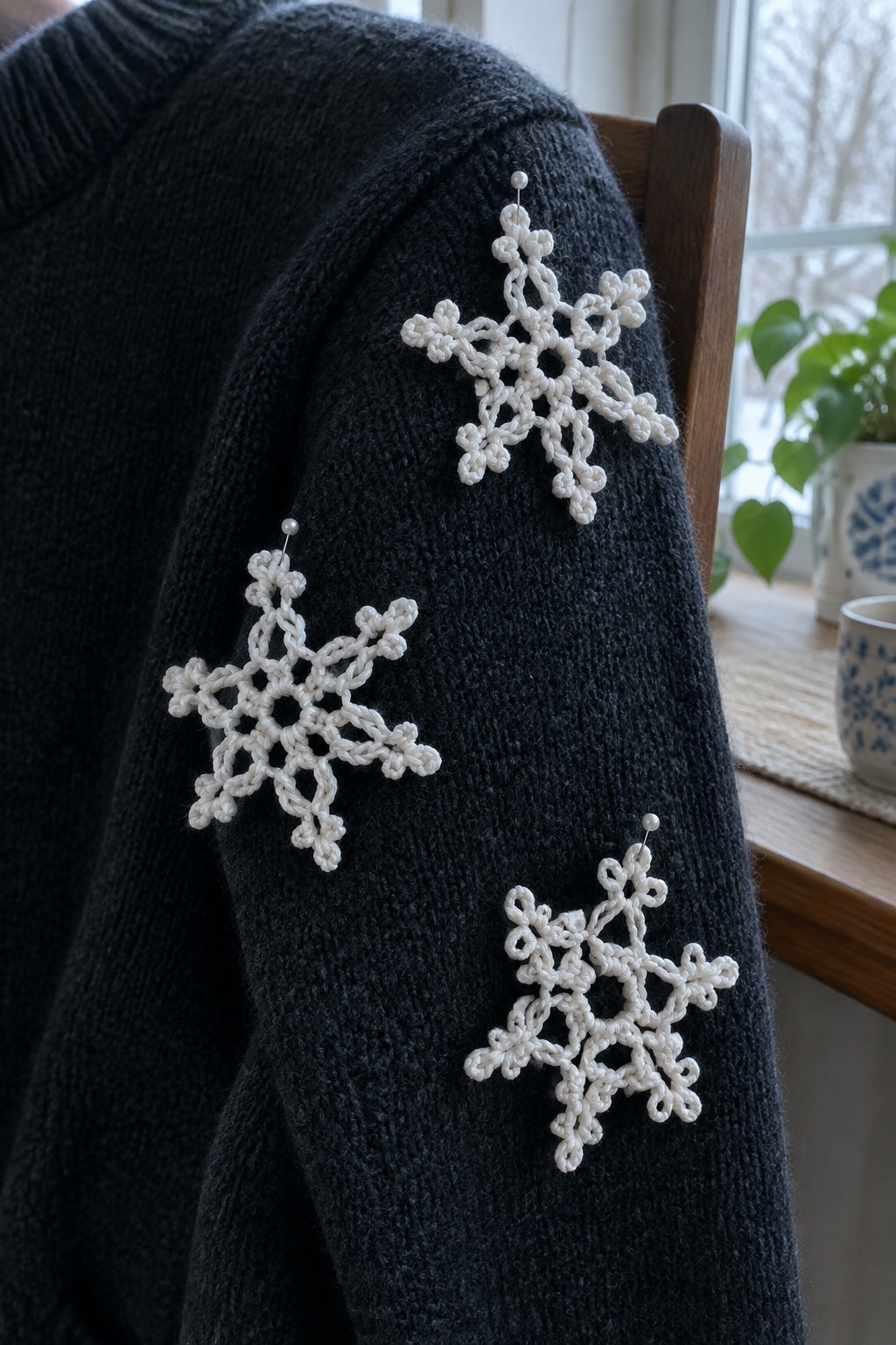 Dark knitted sweater with three white crocheted snowflakes pinned to shoulder