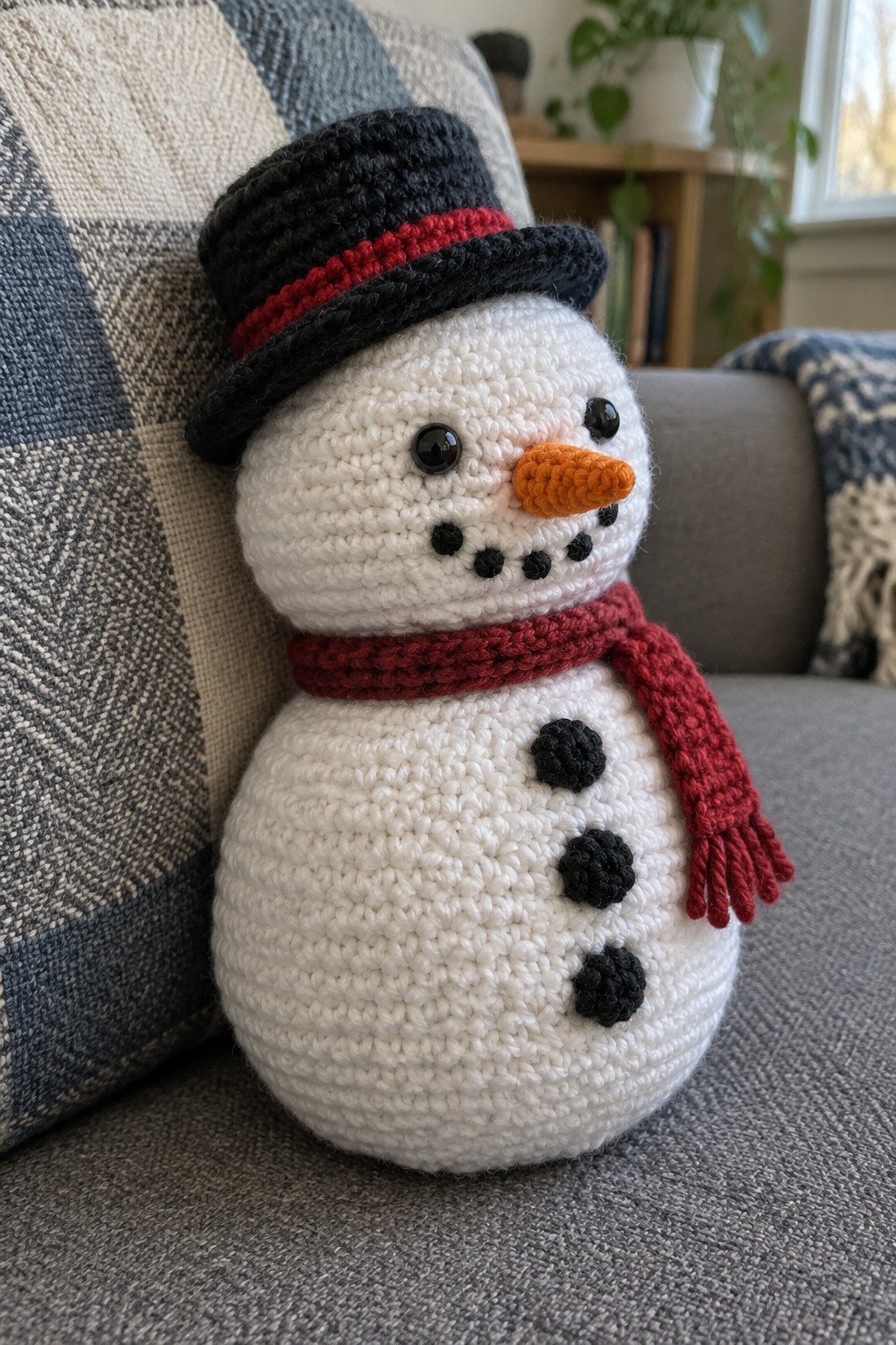 Crocheted snowman with black top hat, red scarf, orange nose, and buttons on couch