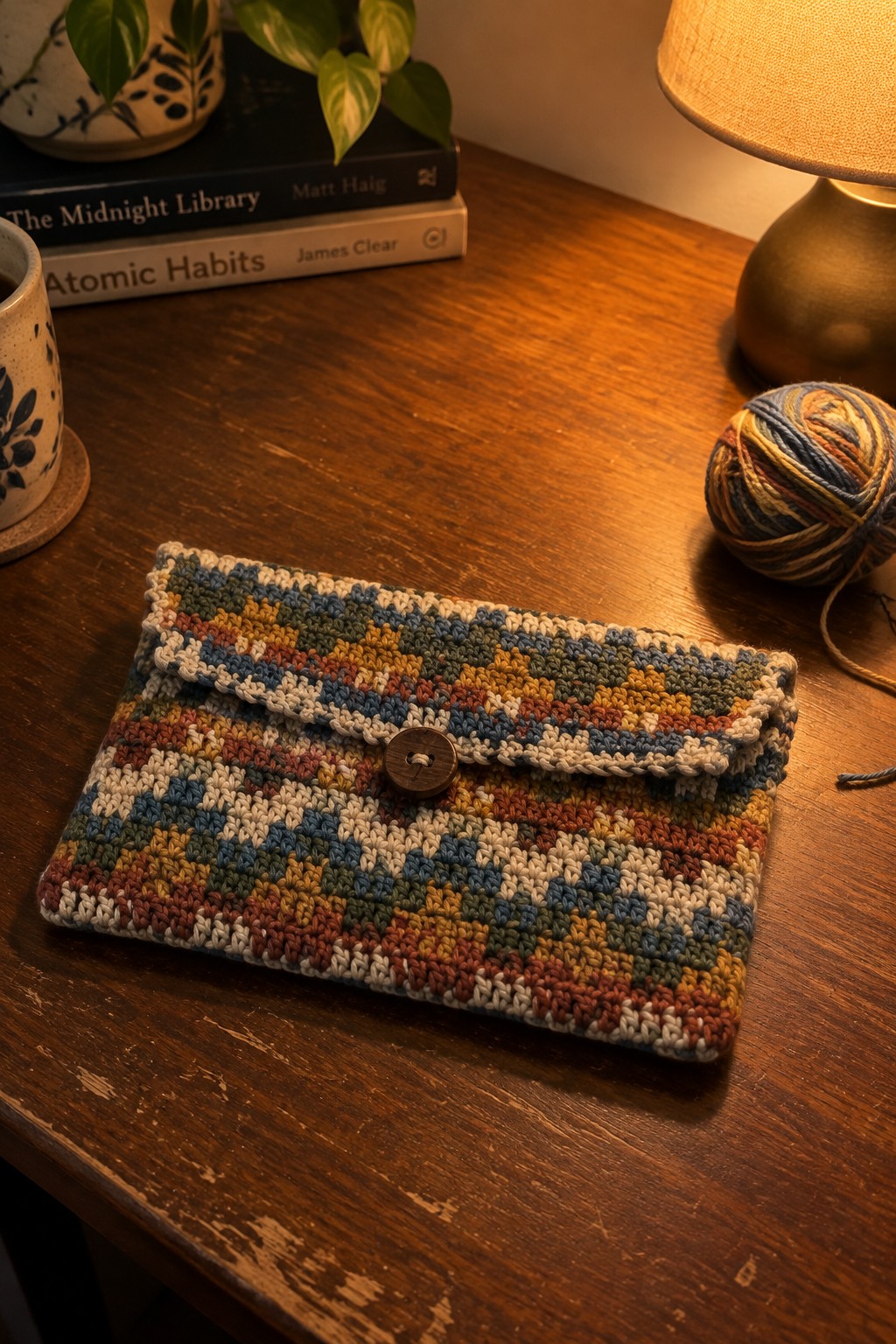 Colorful striped crocheted pouch with button on rustic wooden table