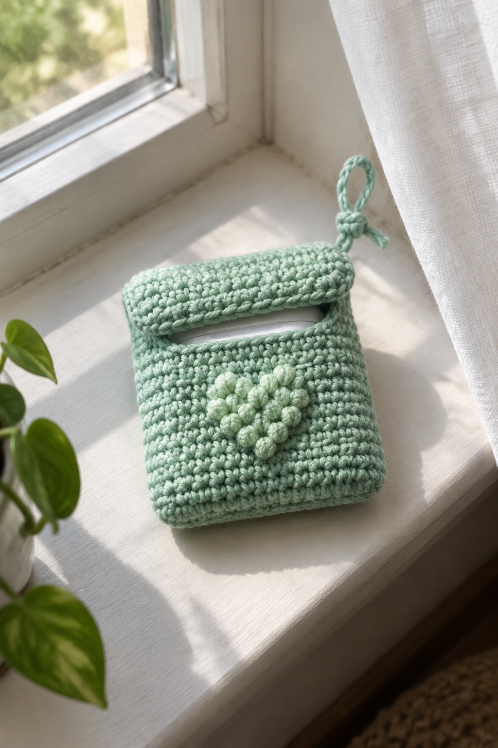 Mint green crocheted pouch with heart design on sunny windowsill beside plant