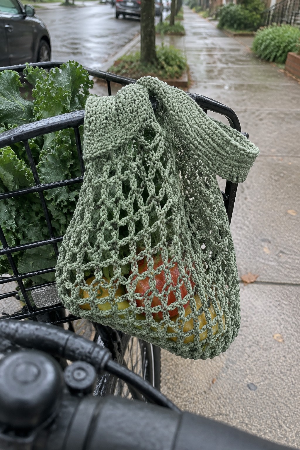Green crocheted mesh bag with apples on bicycle basket beside kale on wet street.