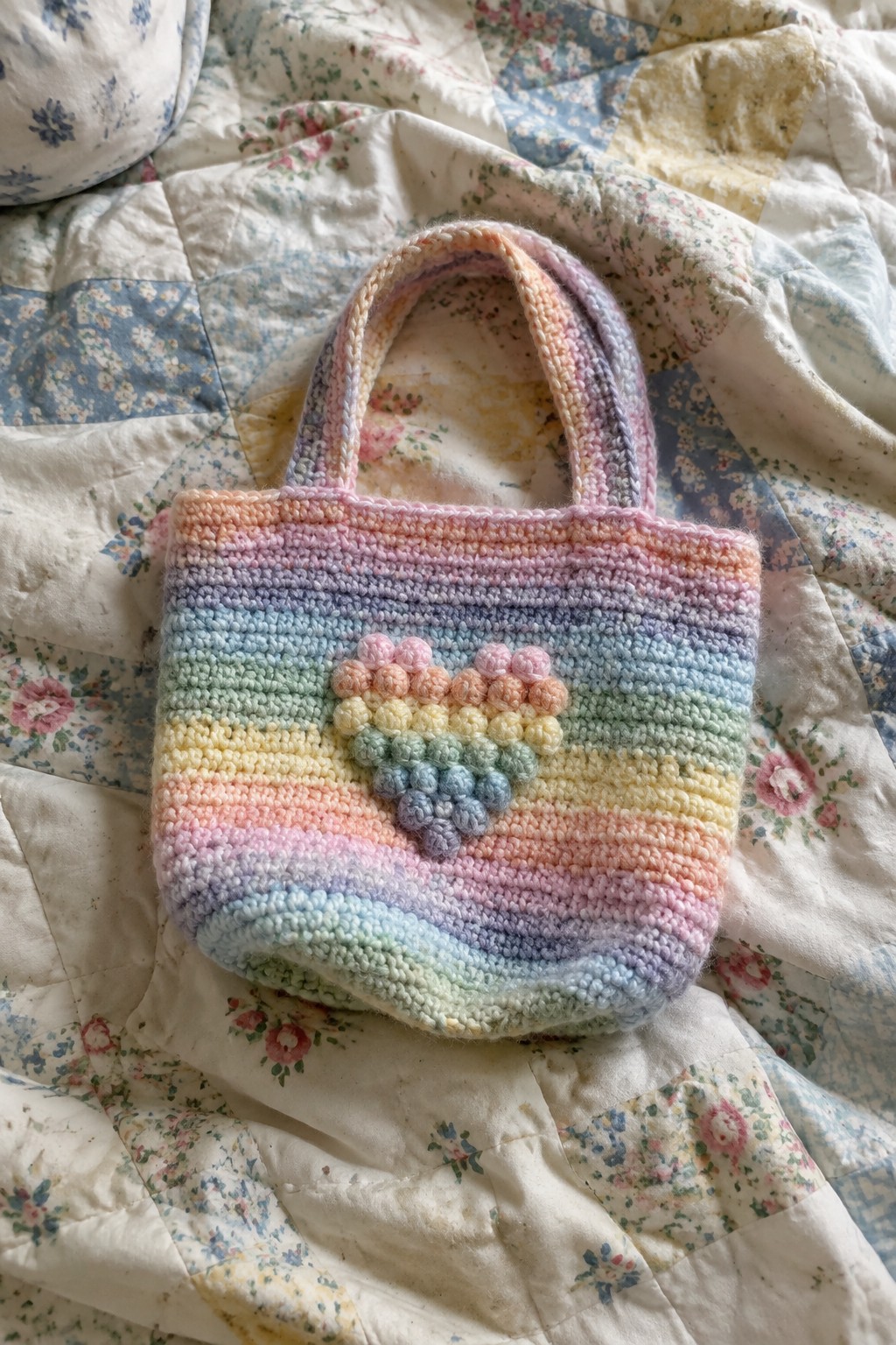 Rainbow crocheted tote bag with heart bobble design on floral quilt.