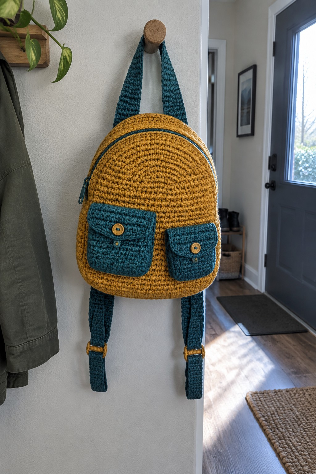 Yellow crocheted backpack with teal pockets and straps on wooden wall hook