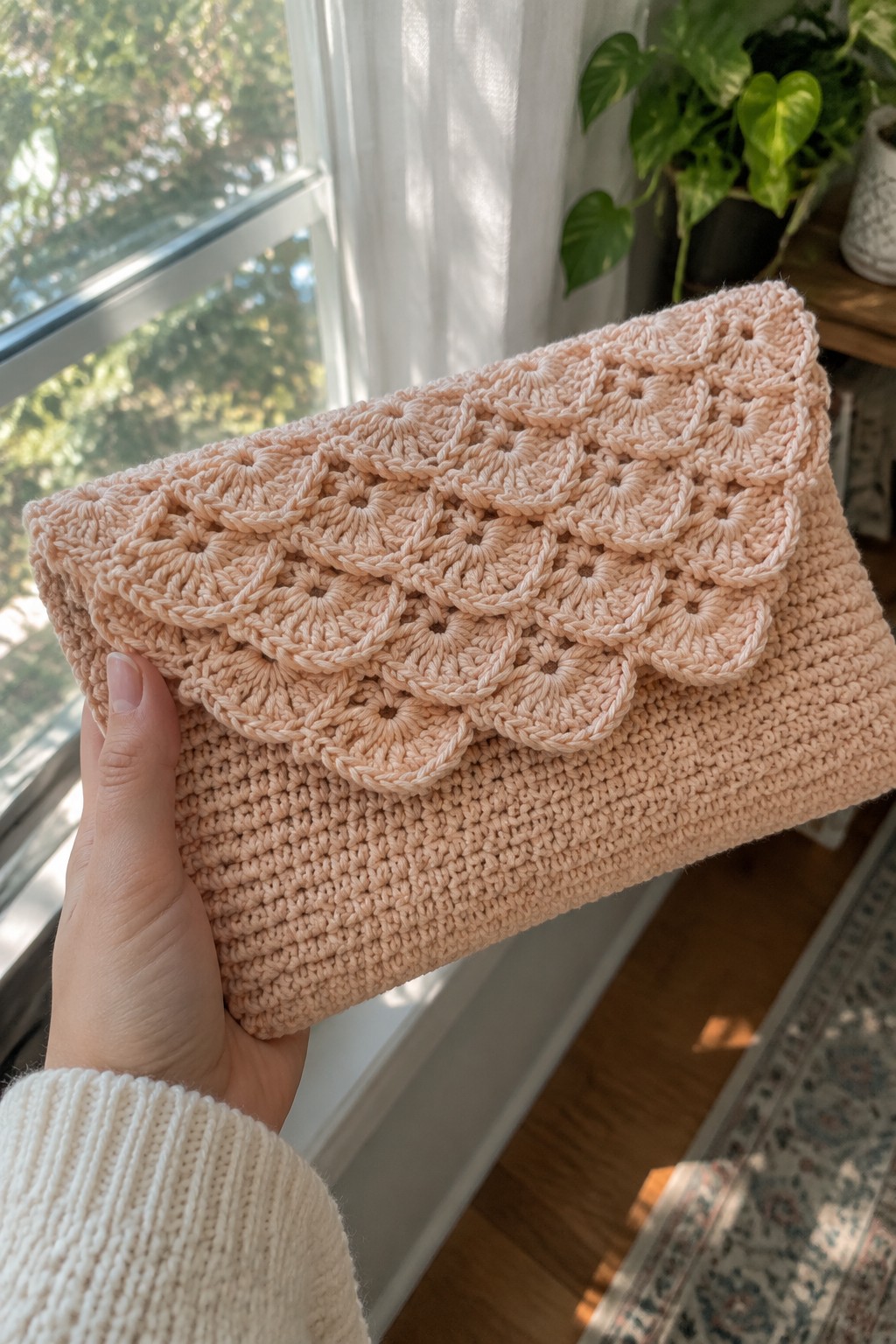 Hand holding peach crocheted clutch with floral scalloped flap near window