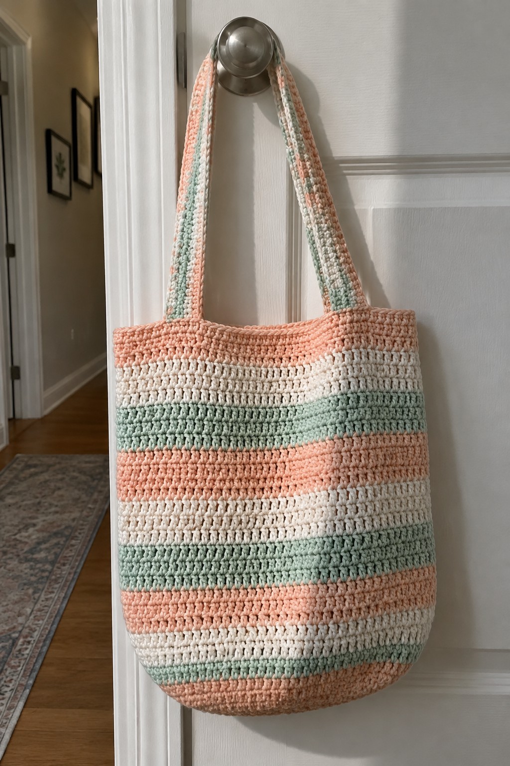 Striped peach, white, and mint crocheted tote bag hanging on white door knob