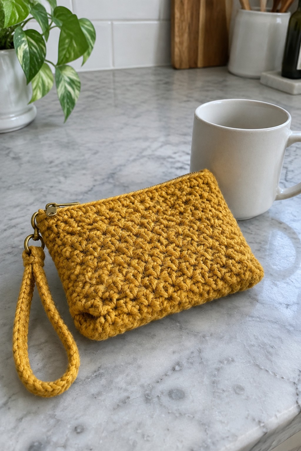 Yellow crocheted zippered pouch with wrist strap on marble countertop beside white mug