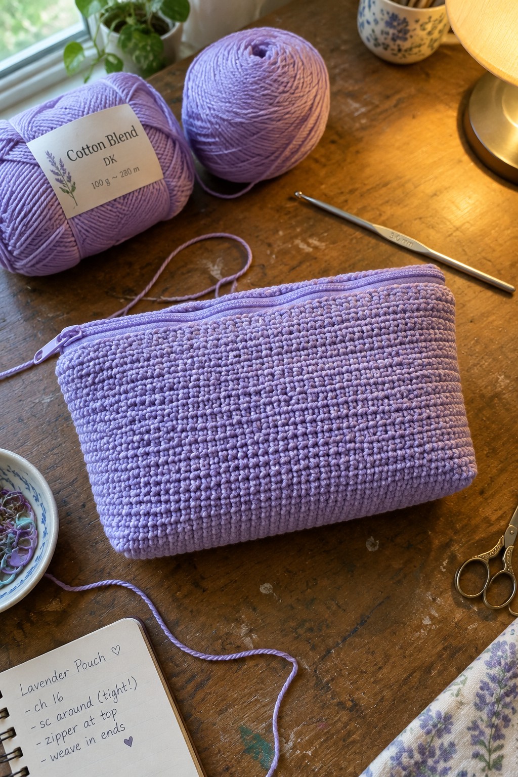 Lavender crocheted zippered pouch beside purple yarn, hook, and notebook on wooden table.