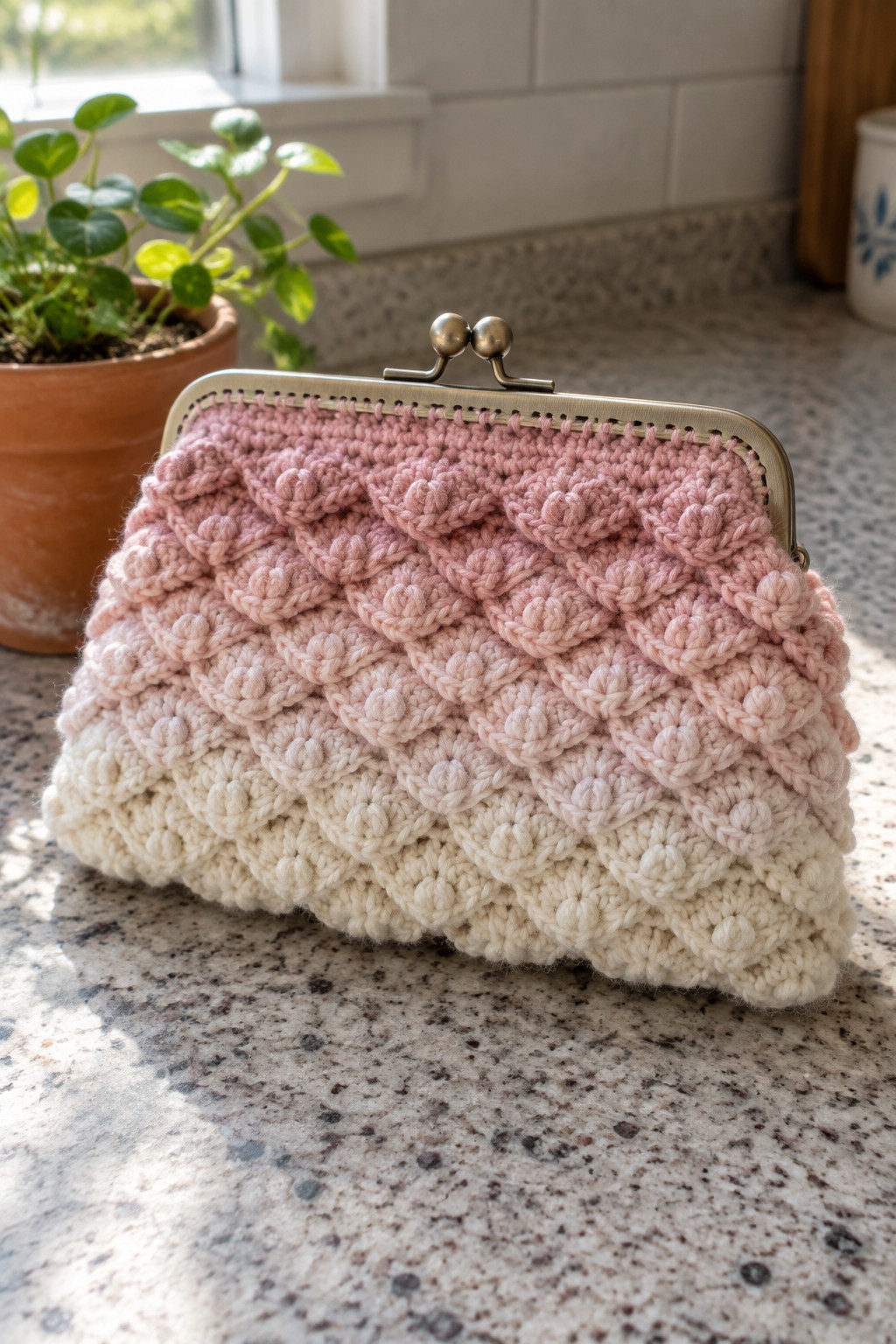 Pink and white bobble-stitch crocheted clutch with metal clasp on countertop