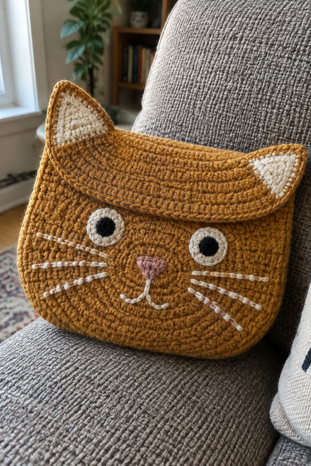 A mustard yellow crocheted clutch shaped like a cat face with ears, eyes, nose, and whiskers sits on a gray fabric surface.