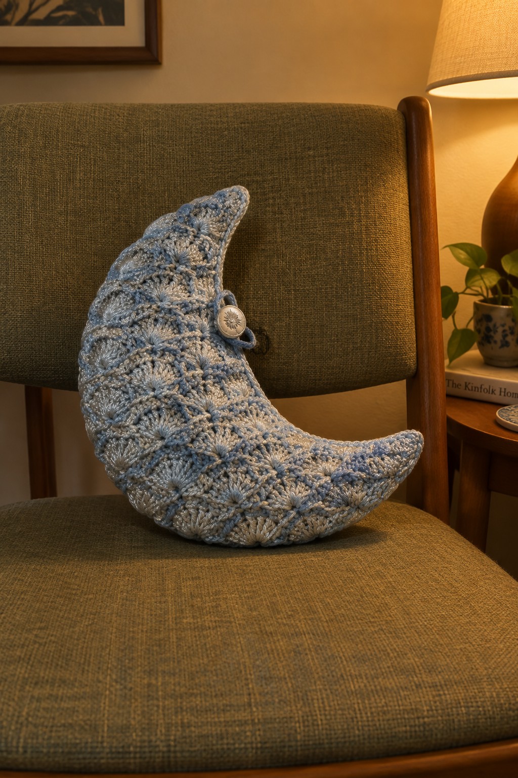 Crocheted blue crescent moon pillow with button on green upholstered chair