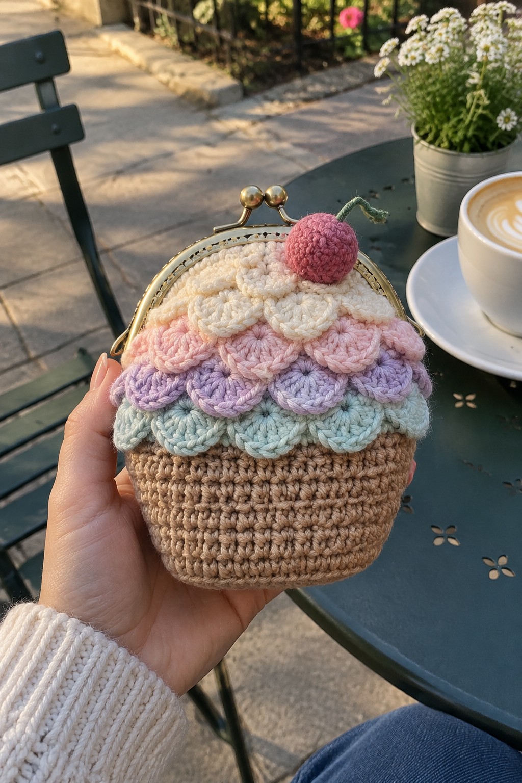 Hand in white sleeve holding pastel crocheted cupcake purse with cherry at cafe table