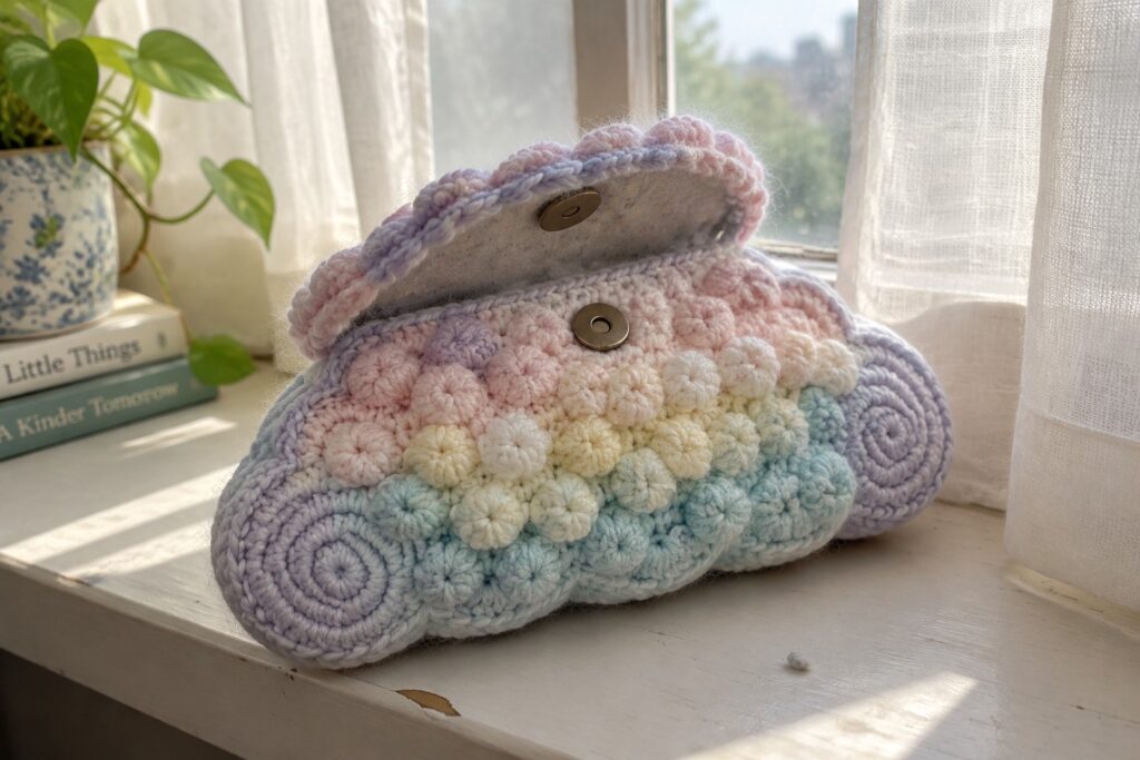 20 Elegant Crochet Clutch Bags With Secure Closures Pastel rainbow crocheted cloud pouch with flowers on a windowsill