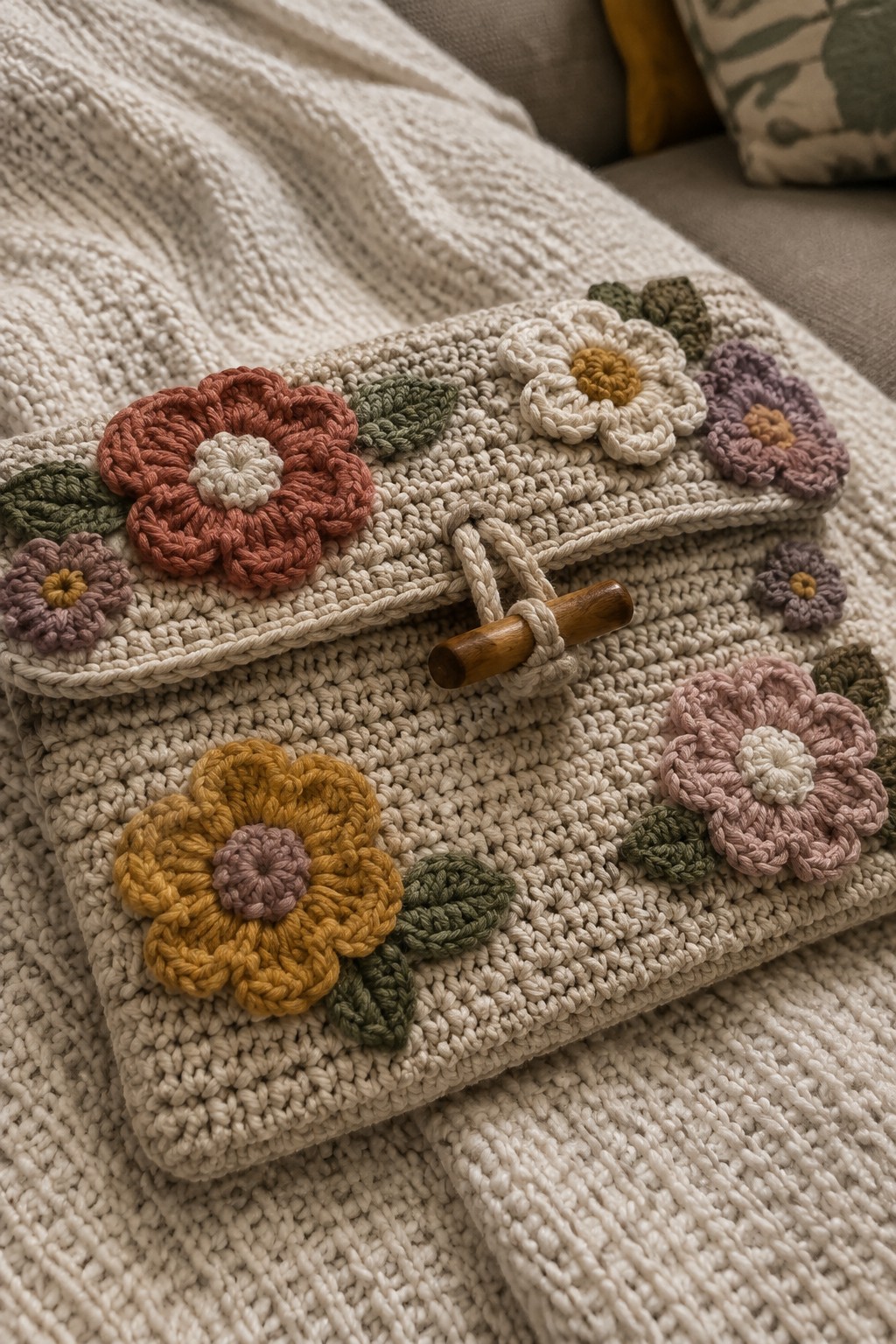 Beige crocheted pouch with colorful floral appliques and wooden toggle on knitted blanket.