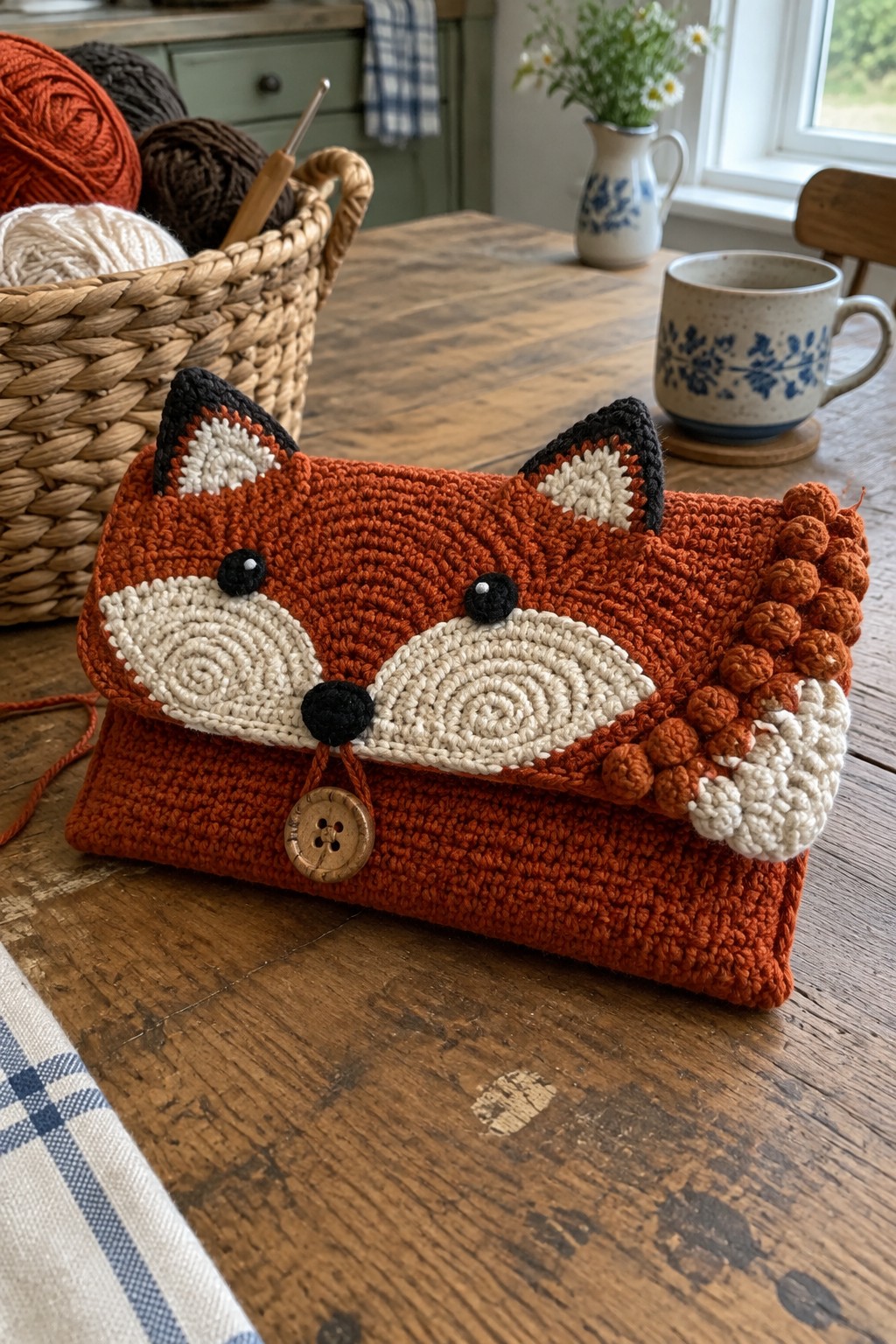Orange crocheted fox clutch purse with button on wooden table