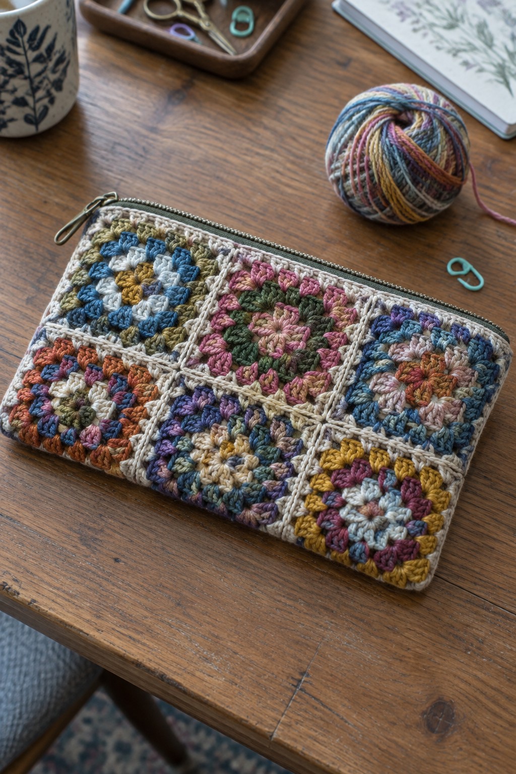 Colorful crocheted granny square pouch with zipper on wooden table beside yarn ball