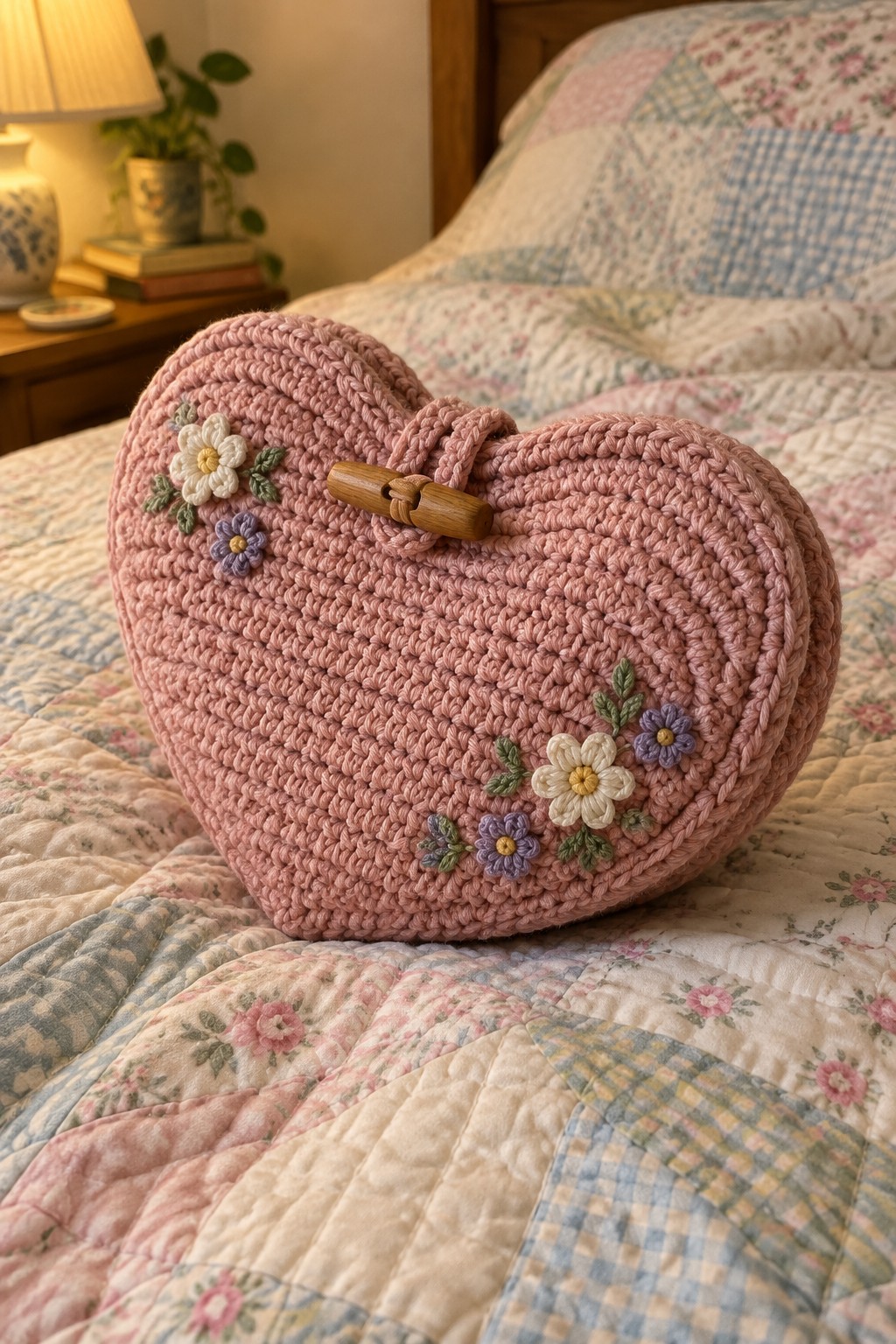 Pink crocheted heart-shaped bag with floral embroidery on patchwork quilt bed