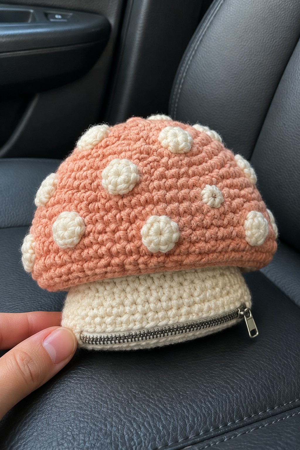 Hand touching crocheted peach mushroom pouch with white dots on car seat