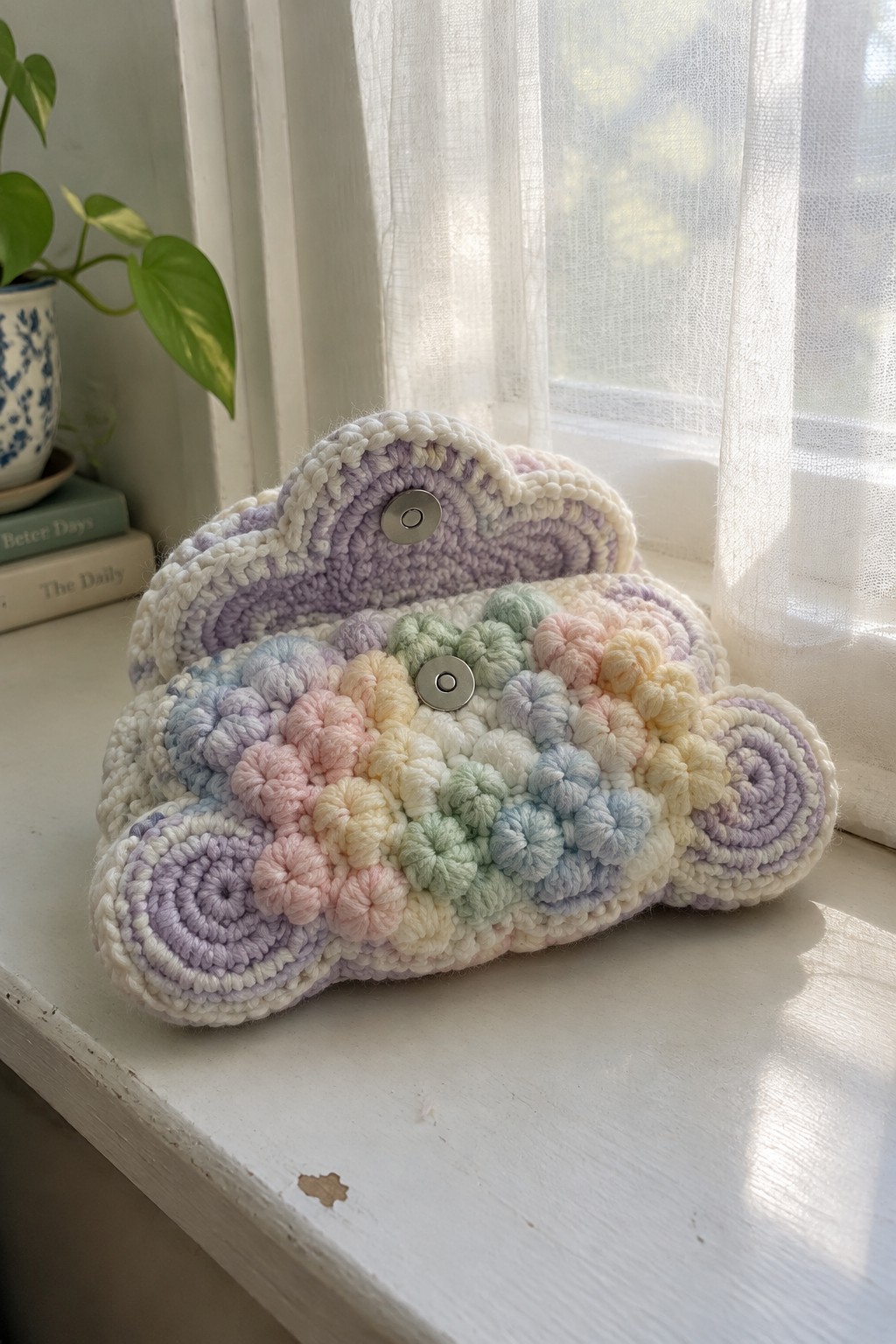 Pastel rainbow crocheted cloud pouch with flowers on a windowsill