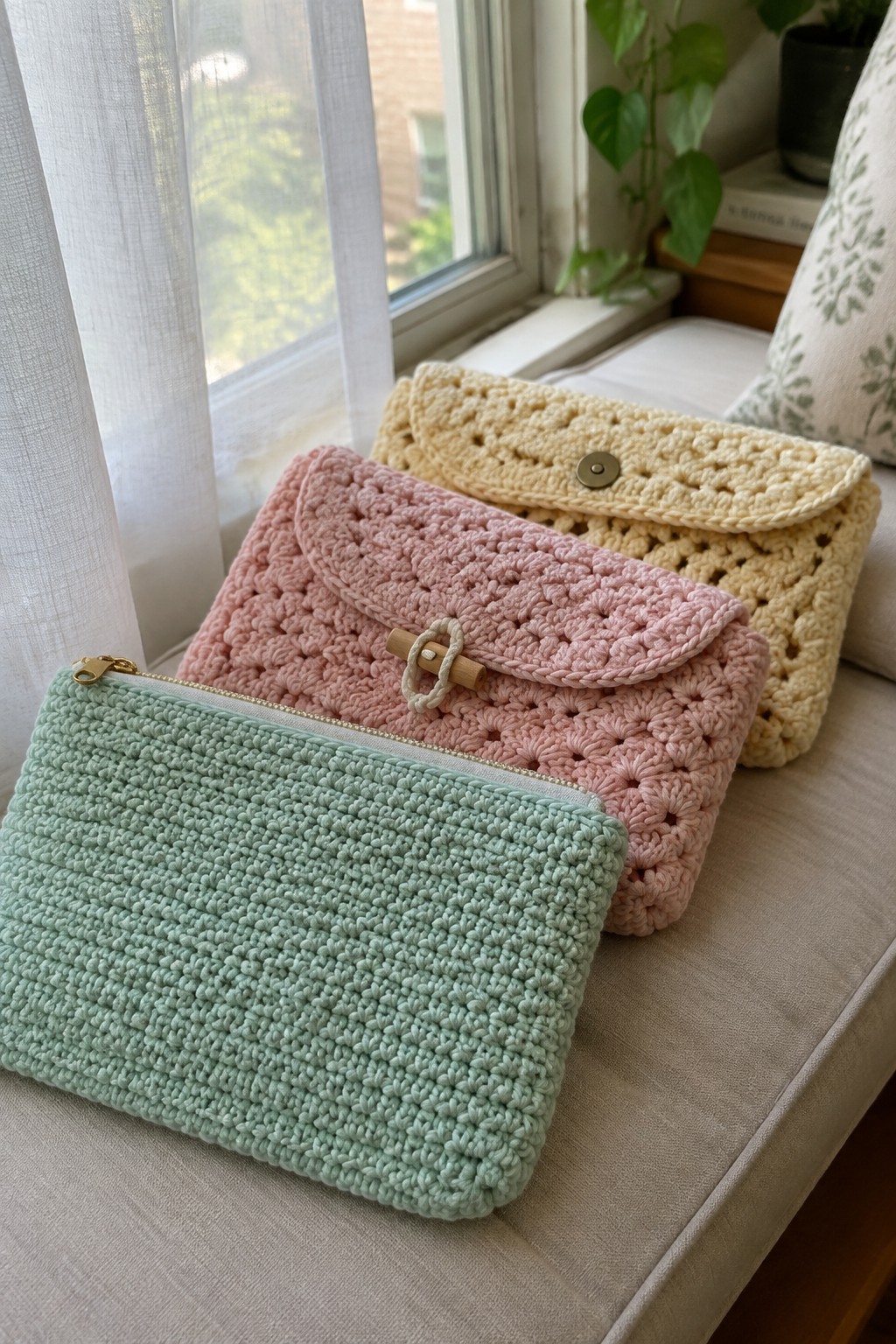 Three pastel crocheted clutches in mint, pink, and yellow on a windowsill.